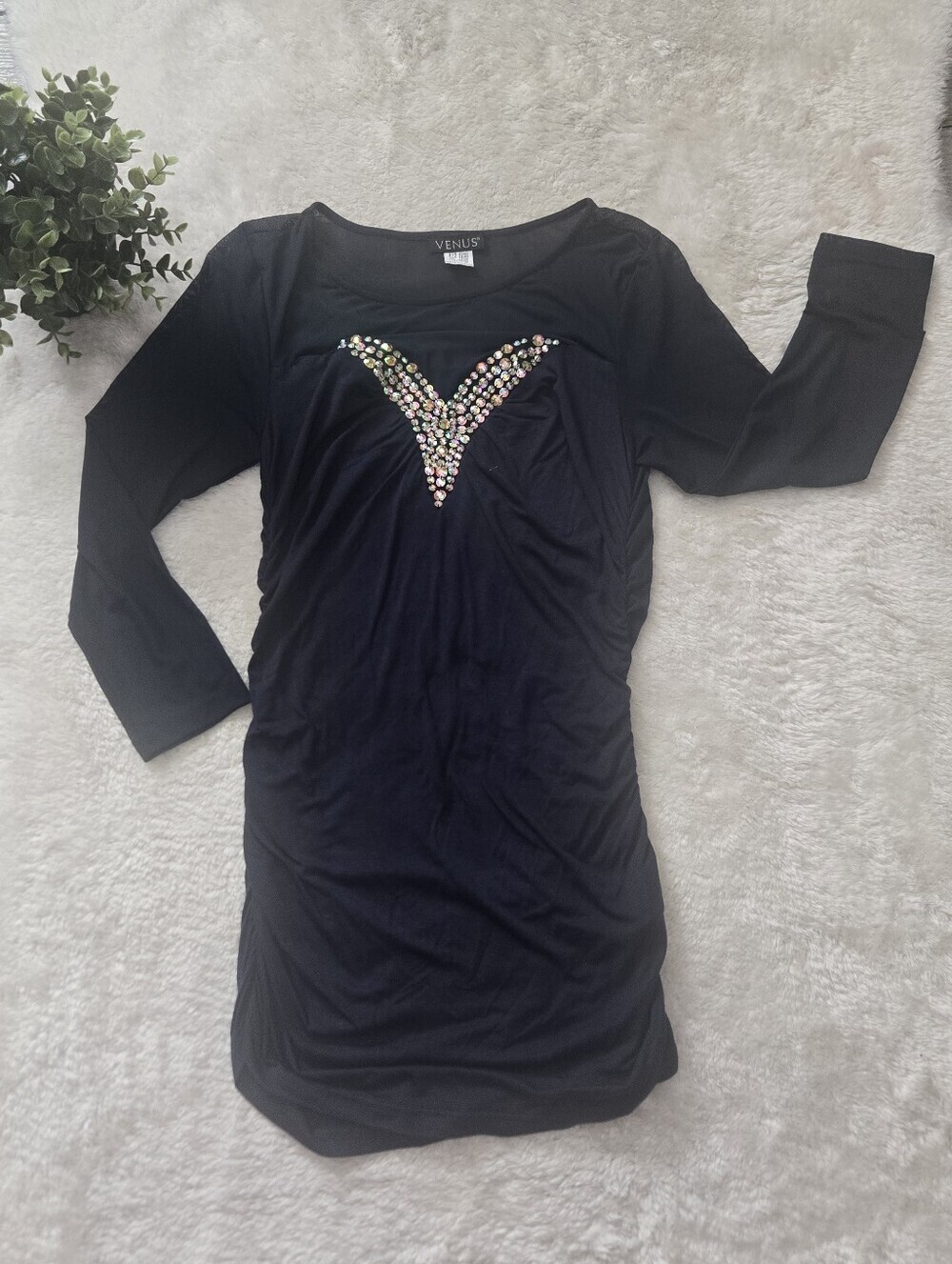 VENUS Navy Blue Ruched Bodycon Rhinestone Glam Night-Out Club Mini-Dress, M